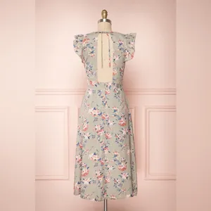 NWT Storia Linen Blend Floral Midi Dress Sage Green Pink V-Neck Size Medium thumbnail 6