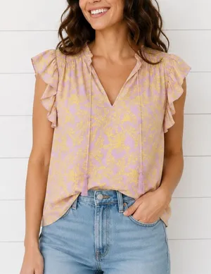 Karlie pink and yellow ruffle sleeve tassel tie top large thumbnail 1