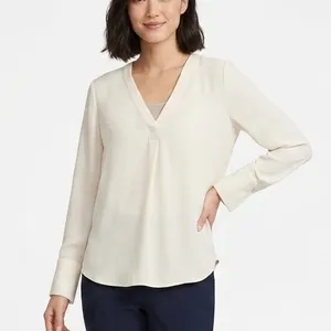Ann Taylor Ivory V-Neck Long Sleeve Blouse Career Office Top Size Medium thumbnail 2