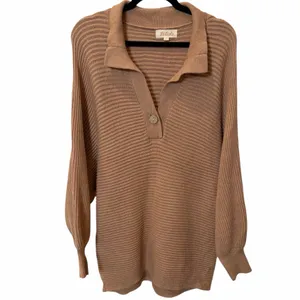Listicle Tan Oversized Polo Sweater - Boho Ribbed Knit - Large Neutral Beige thumbnail 2