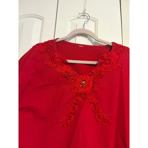 Blouse Romantic Vintage Red Floral Lace Applique Bubble‎ Hem L thumbnail 3