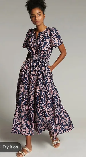Anthropologie Maxi Dress Women XL Navy Pink Smocked Tiered Cotton Excellent thumbnail 1