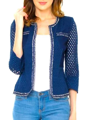 VIRGIN ONLY S Lady Navy Chic Open Eyelet Front Metallic Silver Trim Waist Blazer thumbnail 1