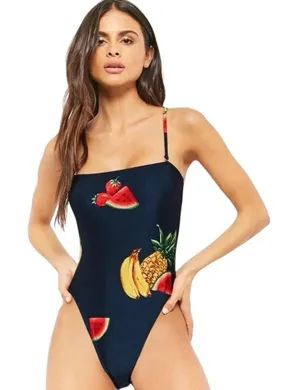Forever 21 Fruit Print One Piece Swimsuit Large‎ NWT Navy Blue Watermelon Banana thumbnail 1