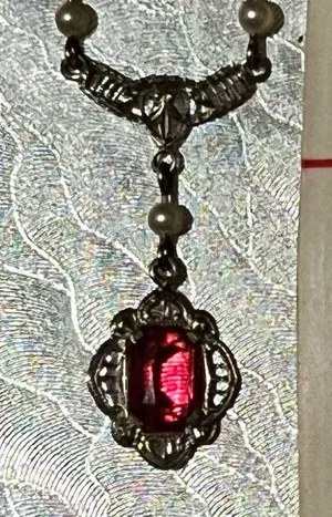 10K Gold 13” Red Stone/Pearl Drop Necklace thumbnail 9