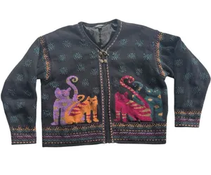Vintage Cat Knit Sweater Jacket Sz L Novelty Folk Art Granny Cottage Whimsigoth thumbnail 1