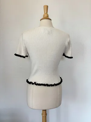 Industry Cream Ribbed Short Sleeve Top with Black Ruffle Trim thumbnail 5