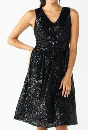 Draper James RSVP Glam Black Sequin V-Neck Midi A-line Cocktail Dress size 12 thumbnail 1