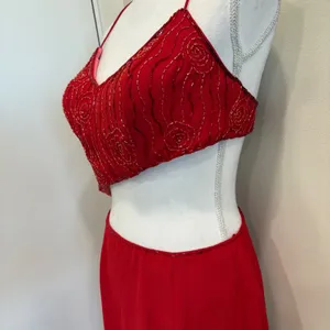 VTG Y2K Showtime Red Beaded Asymmetrical Midriff Cutout Prom Gown Sexy Witch 90s thumbnail 5