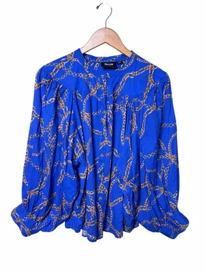 Maeve Anthropologie Blue Chain Print Balloon Sleeve Button Front Blouse XL thumbnail 2