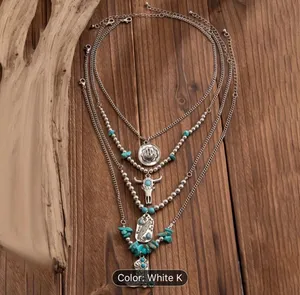 Women’s Bohemian Faux Turquoise & Silver Layered Pendant 4 Pc Necklace Set thumbnail 4