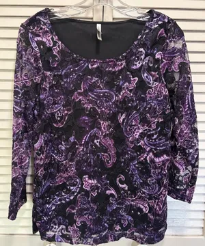 White‎ Stag Purple/Black Lace 3/4 Sleeve Blouse Size L Lined Round Neck Boho thumbnail 1