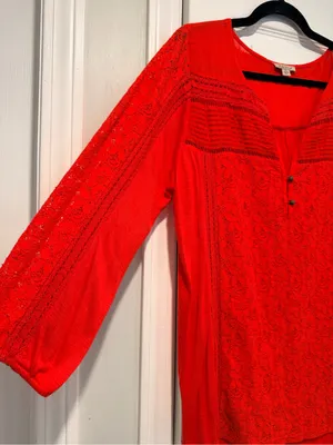 Lucky Brand Size XL Red Lace Boho Tunic Blouse 3/4 Sleeve Floral Peasant Top thumbnail 3