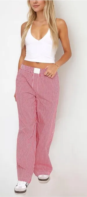 NEW Elastic Striped Y2K Wide Leg Low Waist Lounge Pants Pockets M thumbnail 1
