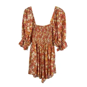 Free People Show Me Love Romper XS Floral Boho Linen Blend Smocked Puff Sleeve thumbnail 3