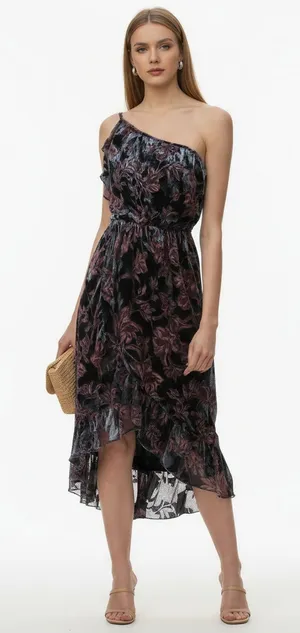 Adelyn Rae Angie Dress One Shoulder Velvet Floral Ruffle Small New With Tags thumbnail 1