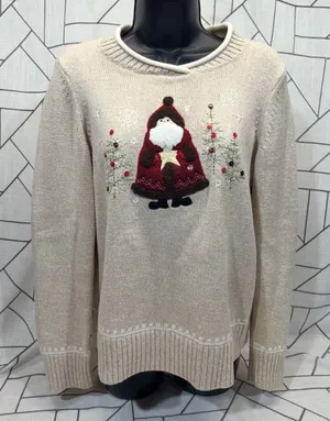 Christopher & Banks Sweater Small Beige Santa Hand Embroidered Christmas Holiday thumbnail 1