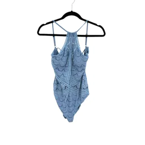 Becca Rebecca Virtue Crochet Lace High Neck One Piece Swimsuit Blue S NWOT‎ thumbnail 3