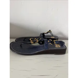 Tory Burch Leather Thong Sandals Women's 9.5 Navy Croc Embossed Gold Buckle thumbnail 3