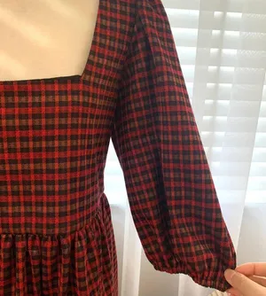 Hutch Square Neck Puff Sleeve Checker Plaid Mini Dress in Red Multi thumbnail 4