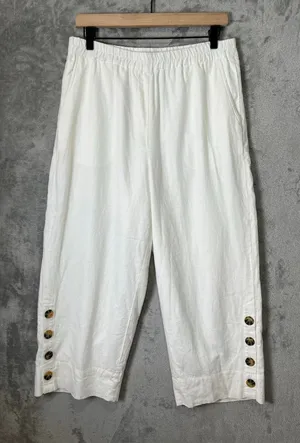 John Mark White Linen Blend Cropped Wide Leg Pants Elastic Waist‎ Button Hem MD thumbnail 1