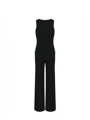 Black 2 Piece Set Sleeveless Button Top Wide Leg Pants Matching Outfit L thumbnail 4