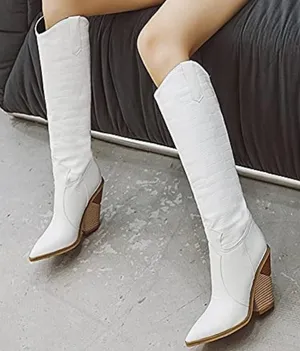White Croc Embossed Pointed Toe Block Heel Knee High Western Boots, Size 40‎ thumbnail 1