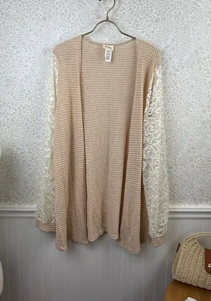 BiBi Beige and Cream Lace Sleeve Open-Front Waffle Knit Cardigan Top - Size - XL thumbnail 1