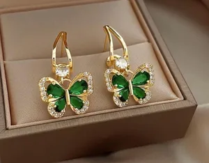 18K Gold Plated Green Crystal Butterfly Dangle Drop Earrings for Women thumbnail 2