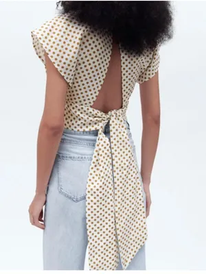 ZARA Linen Blend Polka Dot Crop Deep V Neck Tie Back Blouse Top White Mustard M thumbnail 3