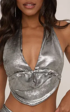 EGO Silver Metallic Cowl Neck Top Small thumbnail 2