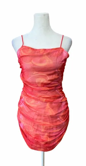 SHEIN Women’s Ruched Spaghetti Strap Mini Dress - Pink & Orange Swirl thumbnail 1