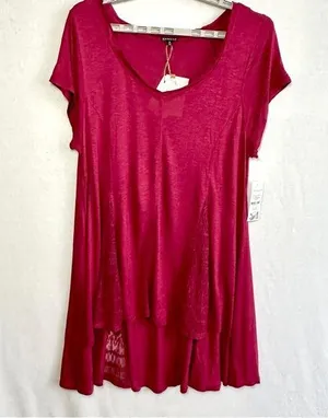 Hannah Top Women's XL Fuchsia Short Sleeve Lace Hi Low Swing Lightweight Rayon thumbnail 1