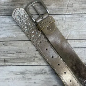 Studded Rhinestone Leather Belt 110CM 36.5" Tan Silver tone Western Glam Bling thumbnail 6