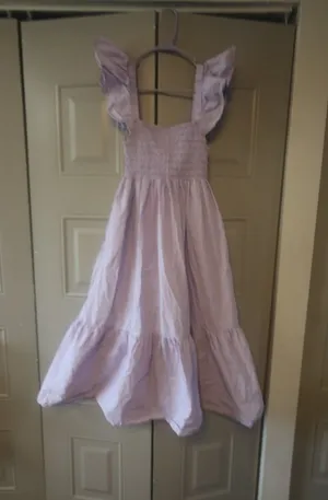 A.P.T ruffle sleeve scrunched bodice midi dress in lilac purple size medium. thumbnail 1
