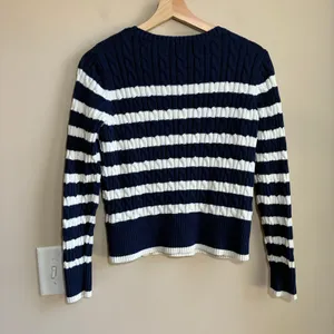 Lands' End blue white striped pullover cable knit sweater women's XS 100% cotton thumbnail 6