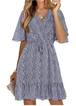 NWT!! KIRUNDO V-Neck Ruffle Abstract Floral Print Dress in Blue & White thumbnail 1