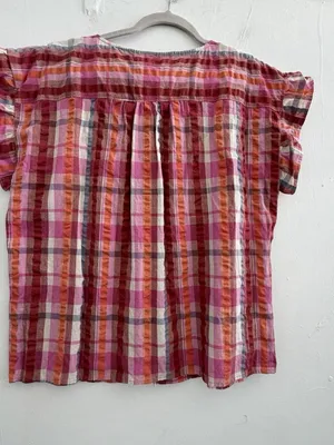 NEW LOFT Outlet Orange Pink Plaid V-Neck Flutter Ruffle Sleeve Blouse Top LARGE thumbnail 5