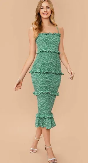 SheIn Green Floral Daisy Print Midi Smocked Bodycon Dress w/ Ruffles Size Medium thumbnail 1