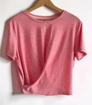 Nike Dri-FIT Pink Heathered Wrap Front Crop Top Womens Large Short Sleeve Swoosh thumbnail 1
