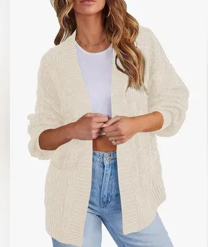 NEW Ivory Oversized Checkered Chunky Cardigan Sweater Open Front XL thumbnail 1