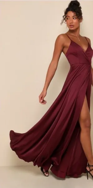 LULU's Prom Wedding Bridesmaid Burgundy Satin Thigh Slit Gown thumbnail 1