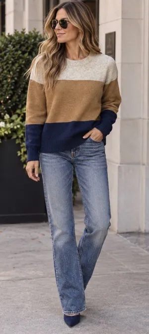 J. Crew Wool Blend Colorblock Crewneck Sweater in Cream, Brown & Navy thumbnail 1