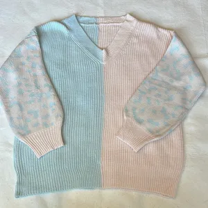 New Colorblock Baby Blue & Pink Sweater with Animal Print Sleeves Oversized S thumbnail 1