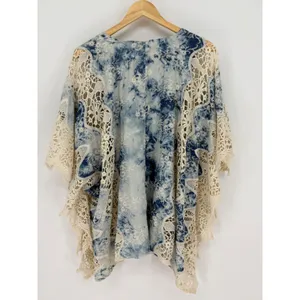 Mindset‎ by XCVI Large Blue Acid Wash Tie Dye Crochet Lace Poncho Top Boho thumbnail 6