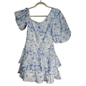 Hello Molly Blue Floral Tiered Ruffle Mini Dress Puff Sleeve Cotton Womens 6 M thumbnail 8