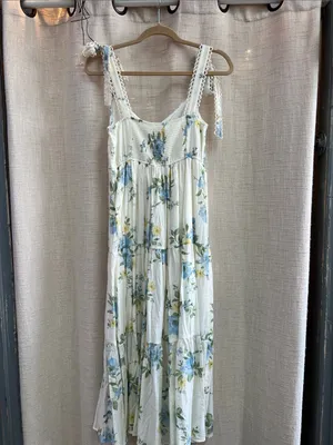 White Blue Yellow Floral Tiered Midi Dress Lace Tie Straps Small thumbnail 12