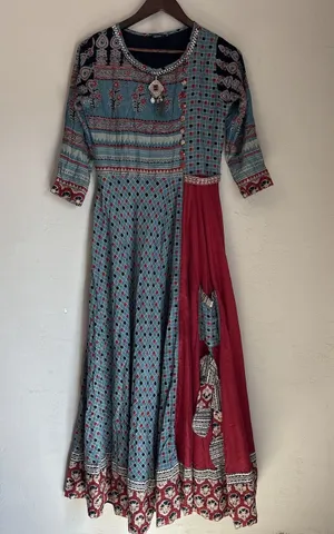 SOCH Womens Anarkali Kurta Dress Medium Blue Maroon Block Embellished Pocket thumbnail 1