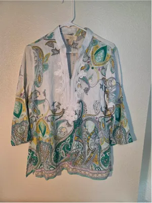 Charter Club 100% Linen Embroidered Tunic Blouse Paisley White Blue Size M W-172 thumbnail 1