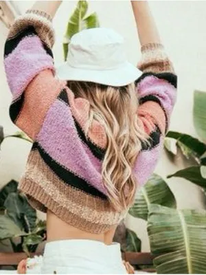 Urban Outfitters Beau Boat neck Striped Colorblock‎ Knit Textured Ballon Sleeve Crop Sweater thumbnail 3